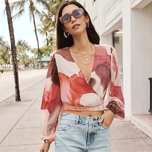 EXPRESS Conscious Edit Printed Faux Wrap Cropped Tie Waist Top